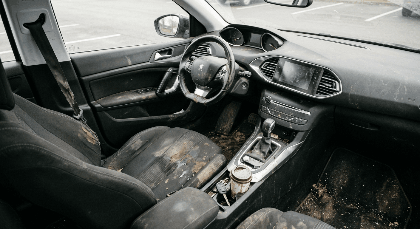 Intérieur de véhicule sale avant nettoyage PBC