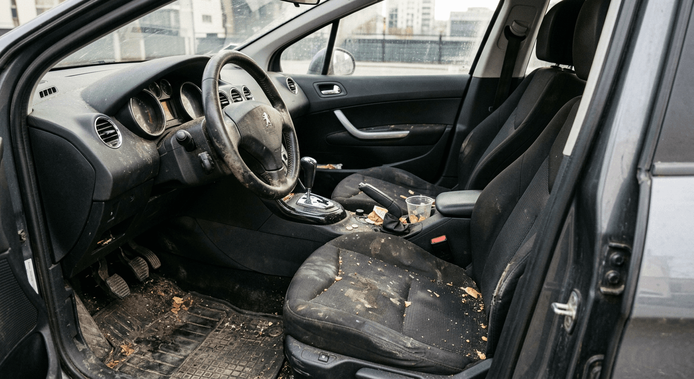 Intérieur Peugeot 308 sale avant nettoyage